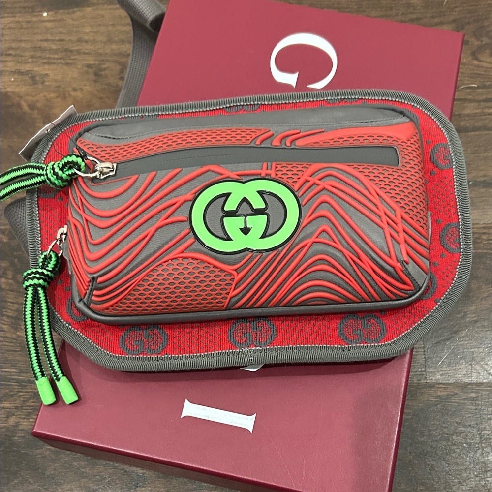 Gucci Red and Gray Belt Bag with Green Accents